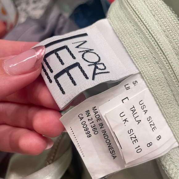 Sage green satin dress w/ beaded trim & spaghetti straps featuring zipper & bow - Picture 7 of 9